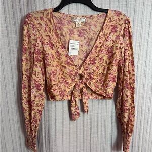 Floral Tie-Front Cropped Blouse in Pink and Tan